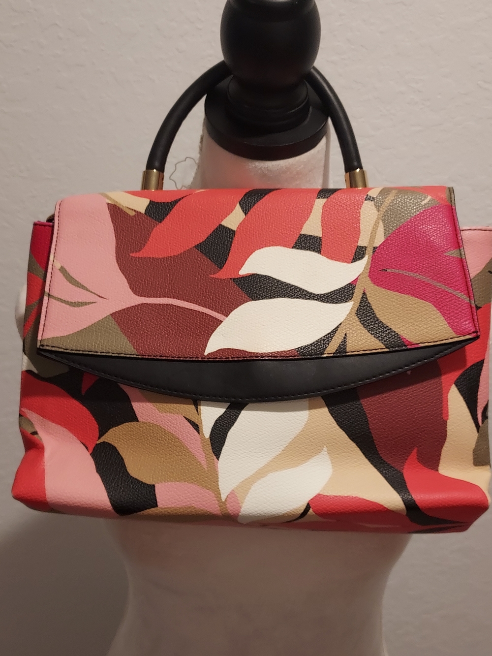 a new day Multicolor Leaf-Print Foldover Satchel - Pink, Red & Cream
